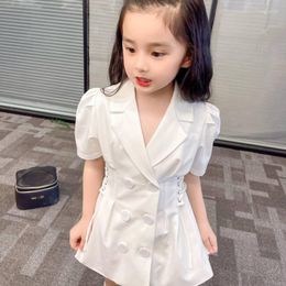 Girl Dresses Fashion Kids Blazer Dress Short Sleeve Double Breasted Lace-Up Mini 2023 Children Boutique Clothing