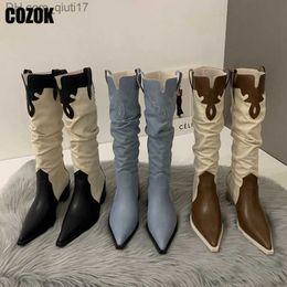 Boots 2023 New Western Cowboy boot Women's retro angle toe Denim winter women's knee high boots long slip pleated women's shoes Z230728