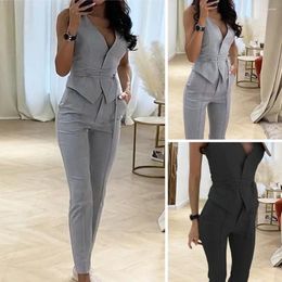 Women's Two Piece Pants Chic Women Business Suit Anti-wrinkle High Waist Lady Jacket Tie Pockets Female Clothes