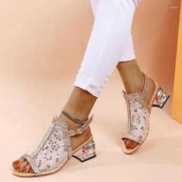 Women Open Toe Summer Gold Sandals Lace Printed Heels Dress Shoe Buckle Strap Square Heel Hig 78