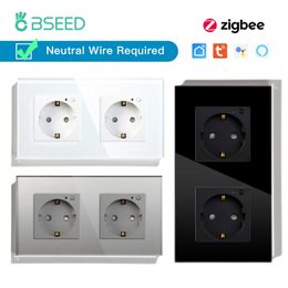 Smart Power Plugs Bseed ZigBee Europe Russia Standard Double Wall Smart Power Socket Plug Work With Tuya Gateway Smart Life Alexa App Four Colors HKD230727