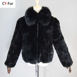 Women's Fur Faux Fur New Luxury Lady Natural Rex Rabbit Fur Coat Women Winter Thick Warm Real Rex Rabbit Fur Jacket With Quality Fur Collar HKD230727