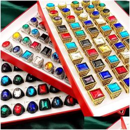 Band Rings Stone 30Pcs Crystal Glass Retro Bohemia Style Big Size Mixed Golden Siery Black Metal Acrylic Men And Women Jewellery Party Dh5Ca
