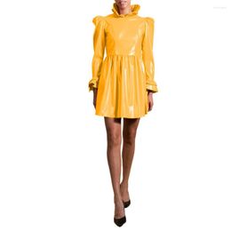 Casual Dresses Shiny Ruffles Crew Neck PVC Leather Pleated Mini Dress Womens Long Puff Sleeve Slim Party Sissy Wet Look Club