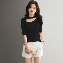 Women's Sweaters Cashmere Wool Tee Tops 2023 Spring Sexy Hollow Knit T-shirt Slim Ladies Half Sleeve Knitwear Sheep Thin