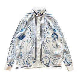 Casablanca button up shirt blue and white porcelain swan printed shirt thin small individual ruffian handsome casual long-sleeved shirts for men and women