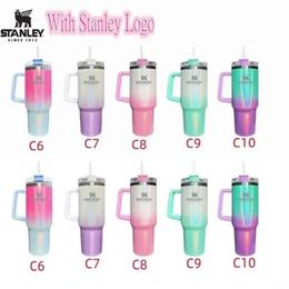 Stanley 40oz Glitter Tumblers Cups with Logo Handle Lids and Straws Gradient Color Insulated Car Mugs Stainless Steel Sublimation 339Z