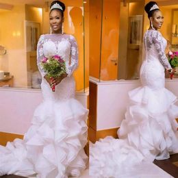 Plus size Long Sleeve Mermaid Nigerian Wedding Dresses Sheer Neck Bodycon African Bridal Dress Ruffles Skirt Wedding Gowns Vestido242Z