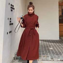 Women's Trench Coats Korean Style Coat For Women Elegant Fashion Single Breasted Belted Loose Casual Mid-length Jujube Red Windbreaker 8826