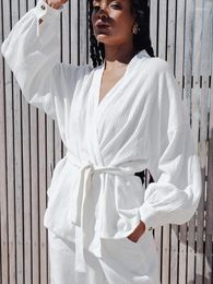 Women's Sleepwear Hiloc White Lantern Long Sleeve Robe Sets With Sash Loose Home Suit For Women Cotton 2023 Autumn Clothes