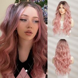 Cosplay Wigs Emmor Synthetic Long Wavy Wigs with Bangs for Women Cosplay Natural Ombre Black to Pink Hair Wig High Temperature Fibre 230727