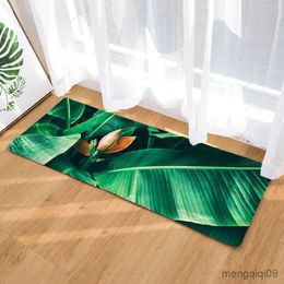 Carpets Long Floor Mat Door Mat Heat Transfer Green Leaf Kitchen Bathroom Water-Absorbing Non-Slip Mat Carpet R230728