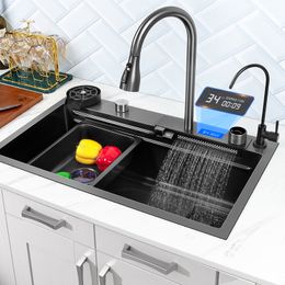 Black Kitchen Sink 304 Stainless Steel Nano Handmade Multifuctional Waterfall Faucet Above Counter/Apron Front