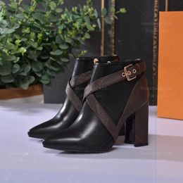 Women Ankle Boot Cowskin Spring Autumn Genuine Leather Fashion Bootie Print Flower Heel Ladies Casual Shoes with box