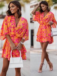 Basic Casual Dresses Women Sexy V Neck Mini Dresses Summer Boho Casual Floral Print Batwing Sleeve Dresses Female Ruffle Beach Party Dress Vestidos 230728