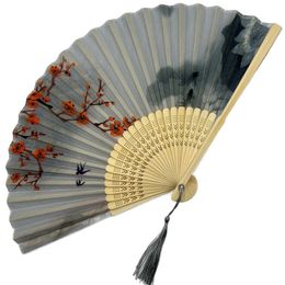 Chinese Style Products Tassel Wooden Folding Fan Green Bamboo Red Blossom Shui Handheld Fan Living Room Porch College Chinese Decor