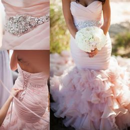 2019 sweetheart beads crystal blush pink organza lace-up backless mermaid wedding dresses floor length ball gown vintage bridal go251Q