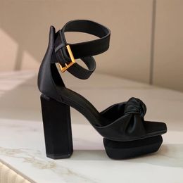 Ladies Sandals Summer New Thick Sole Designer Silk Black High Heels Sexy Cross Strap Dress Party Women Shoes 35-42 with Box
