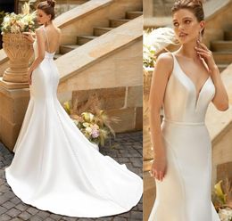 Sexy Long Satin Wedding Dresses Mermaid Spaghetti Straps V-Neck Buttons Back Women Bridal Gown Vestido De Noiva Robe De Mariee