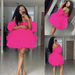 Fuchsia Off Shoulder Mini Homecoming Dress Short Sleeves Short Party Dresses Robe De Soiree Puffy Tulle Prom Wear abiye vestido de215x