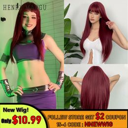 Cosplay Wigs Cosplay Starfire Wigs Ruby Red Long Straight Wigs for Women Synthetic Wigs with Bangs Heat Resistant Fibre Wigs Hair 230727