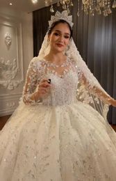 2023 Luxury Arabic Dubai Ball Gown Wedding Dresses Beads Crystals bling shiny gown Vestido de Noiva Soft Tulle designer quinceanera Long Sleeve Wedding Bridal Gowns