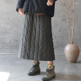 Skirts Women Vintage Autumn Winter High Waist Mid-Long Skirt 2023 A Line Causal Button Warm Padded Cotton Falda Mujer