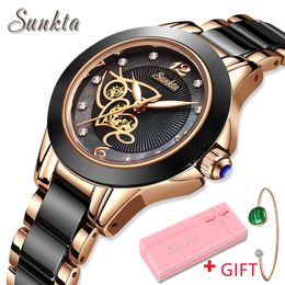 Wristwatches SUNKTA Brand Luxury Women Watches Black Ceramic Diamond Ladies Watch Waterproof Quartz Wristwatch Relogios Femininos Clock Gift 230727