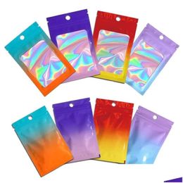 Packing Bags 100Pcs Lot Gradient Colour Flat Zipper Holographic Aluminium Foil Pouch Jewellery Cosmetics Gift Retail With Hang Hole Drop D Otle3