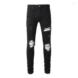 Men's Jeans Streetwear Fashion Black Skinny Stretch Scratch Damaged Tie Dye White Bandana Ribs Patches Slim Fit Ripped Pants Men