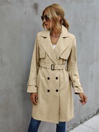 Women's Trench Coats Fashion Women Casual Solid Colour Coat Adult Elagant Long Sleeve Lapel Neck Double Breasted Belted For Female