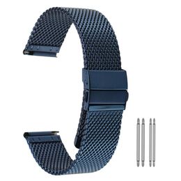 High Quality Yellow Gold Blue 18 20 22mm Mesh Stainless Steel Band Watch Strap Replacement Bracelet Straight Ends Hook Buckle222s