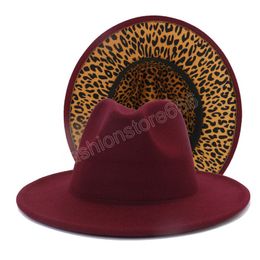 Burgundy with Leopard Patchwork Wool Felt Jazz Fedora Hats for Women Men Wine Red Two Tone Panama Party Wedding Hat