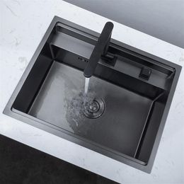 Black Hidden Kitchen Sinks With Folded Faucet Kitchen Sink Stainless Steel Double Bowl Above Bar Counter Undermount Laundry Sink298q