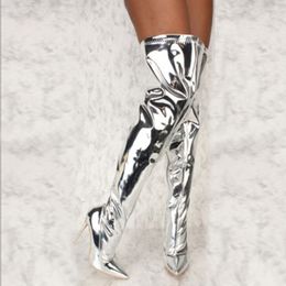 Boots Women Sexy Silver Mirror Thigh High Boots T Show Pointy Toe Club Party Shoes Thin High Heels Over The Knee Long Boots For Women 230727