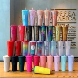 Newest Starbucks Mug Double Barbie pink Durian Laser Straw Cup Tumblers Mermaid Plastic Cold Water Coffee Cups Gift Mugs H1005 goo2693