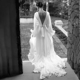V Neck Long Puff Sleeves Bobo Wedding Dress 2023 A Line Backless High Slit Sweep Train Simple Chiffon Bridal Gown Vestidos De Noiva