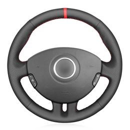 Black PU Faux Leather Red Marker Hand-stitched Car Steering Wheel Cover for Clio 3 2005-2013 Clio 3 2005-20132649