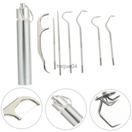 Dental Floss Toothpick Set Metal Pick Kit Stainless Toothpicks Steel Reusable Tooth Holder Remover Plaque Teeth Keychain Picks Professional x0728