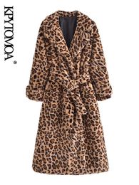 Women's Fur Faux Fur KPYTOMOA Women Fashion With Belt Leopard Print Faux Fur Coat Vintage Long Sleeve Side Pockets Female Outerwear Chic Overcoat HKD230727