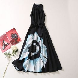 2023 Summer Black Floral Print Loose Dress Sleeveless Round Neck Midi Casual Dresses A3Q191341 Plus Size XXL