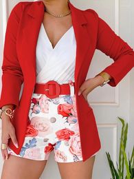 Women's Tracksuits Floral Print Shorts Set Women Outifits Fashion Office Long Sleeve Notched Collar Blazer & Elegant Two Piece Sets