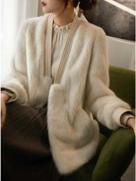 Women's Fur Faux Fur Winter Jackets 2023 Woman Office Lady Fur Faux V-Neck Furry Fur Coat Plus Long Sleeves Cotton Korean Fashion Vintage Fur Jacket HKD230727