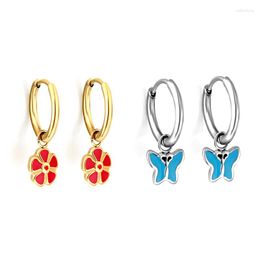 Hoop Earrings Woman Stainless Steel Gold Colour Butterfly Flower Earring With Pendant Anti-allergy Brinco Round Jewellery Cute Gift