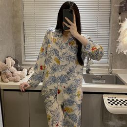 Women's Sleepwear Women 2 Piece Pajamas Sets Floral Flower Pijama Faux Silk Satin Lapel Pyjama Female Long Sleeve Shirt Pants Homewear
