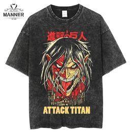 Men's T-Shirts Anime Attack on Titan Acid Wash T Shirt Black Graphic Summer Hip Hop Oversized Tops 100% Cotton Manga Vintage Tees for Man 230728