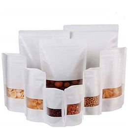 Packing Bags 100Pcs/Lot Kraft Zipper Stand Up Bag Reclosable White Paper For Food Storage Snack Cookie With Matte Window Package Drop Ot3Lz