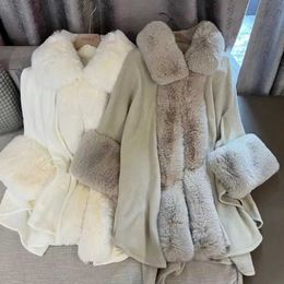 Women's Fur Faux Fur Soft Luxury Faux Rabbit Fur Coat Cape Long Winter Women Wide Turndown Collar Overcoat Knit Cardigan Party Cloak Shawl Big HKD230727