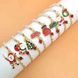 New Christmas Bracelets Imitation Pearl Santa Claus Snowman Pendant Bracelets Bangle For Women Charm New Year Xmas Jewellery Gifts