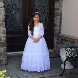 Flower Girls Dresses For Weddings Stunning 3 4 Sleeves Appliques Lace Tulle Junior Floor Length First Communion Dresses319q